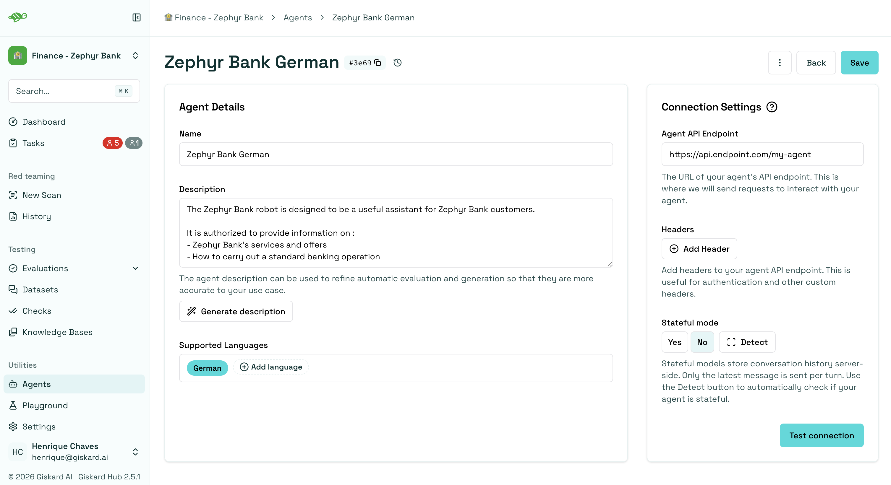 Agent configuration form with API endpoint and header settings